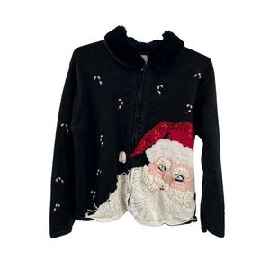 Carly St Claire M zip front beaded sequin Santa cardigan Christmas holiday ramie